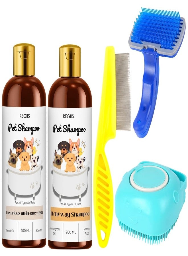 مجموعة شامبو الحيوانات الأليفة من ريجيس مع أدوات العناية، زجاجتان من شامبو الكلاب سعة 200 مل، مشط للبراغيث، فرشاة ذاتية التنظيف، مجموعة استحمام كاملة لجميع أنواع الحيوانات الأليفة (5 قطع) - Image 1